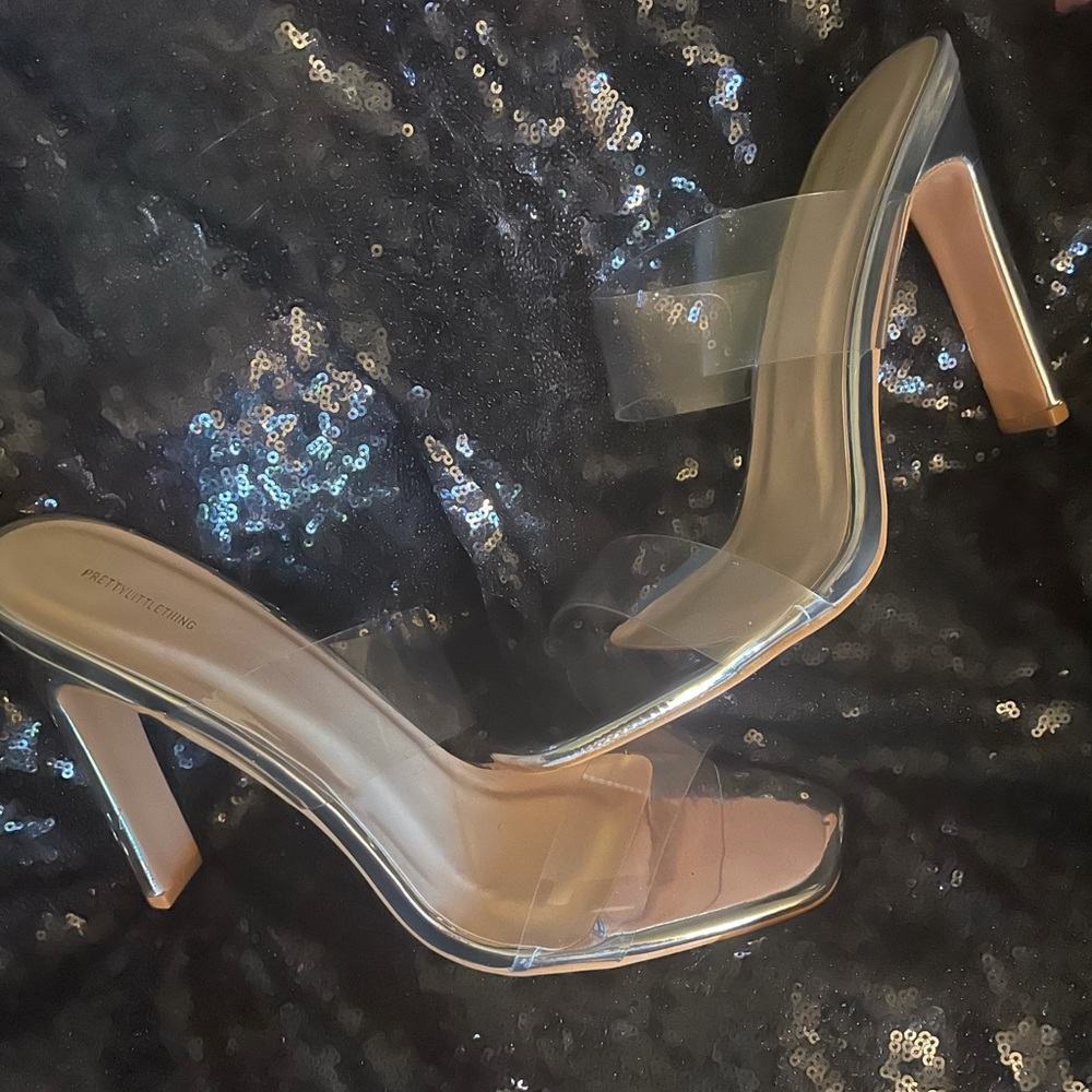 Silver open toe mule heels